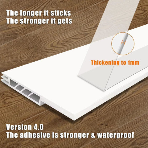 Side view of white Suptikes door draft stopper, 2-pack, 1.8 in W x 37 in L, bottom door weather seal on wood floor