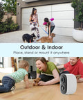 Two-Pack Wireless Outdoor Porch Cameras With 2K Crystal Video And Color Night Vision AI Motion Detection shown outdoors and indoors