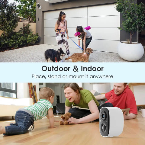 Two-Pack Wireless Outdoor Porch Cameras With 2K Crystal Video And Color Night Vision AI Motion Detection shown outdoors and indoors