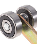 Close-up of galvanized iron 4 Pack Wheel Trolley Assembly Sliding Door Roller with double bearings, heavy-duty for garages.