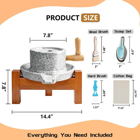 Hand Crank Stone Grain Mill With Red Oak Frame For Home Use, Manual Flour Grinder dimensions with complete kit accessories