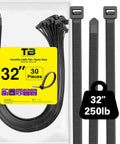 Beefy Heavy Duty Zip Ties 35 Inch Black 30 Pack 0.49 Inch Wide 250 Lb Tensile Strength Outdoor Ready Packaging and Detail View