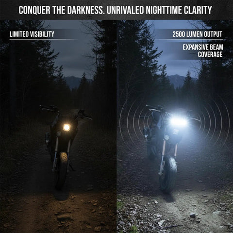 Comparison of dirt bike lighting: left with limited visibility, right with 7/8 Inch Dirt Bike Light Bar Headlight For CRF110 CRF250F KLX110 TTR110 TTR110E RM85 YZF450 12V 24V Universal LED Bar Fits Most 22mm Handlebars For Night Riding And Trail Adventures offering bright coverage in forest trail.