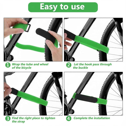 Step-by-step guide using 6 Pack Bike Rack Straps 60x2 Cm Adjustable Wheel Stabilizers with Hook on a bicycle.