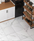 Kitchen view with 30 Pack White Vinyl Peel And Stick Floor Tiles 12x12 Inch Thick Self Adhesive Marble Look Waterproof Flooring