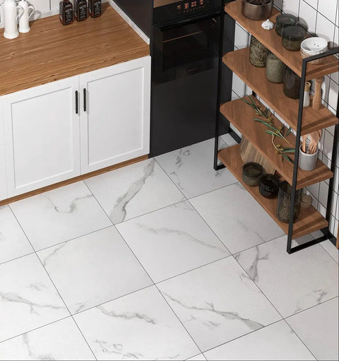Kitchen view with 30 Pack White Vinyl Peel And Stick Floor Tiles 12x12 Inch Thick Self Adhesive Marble Look Waterproof Flooring