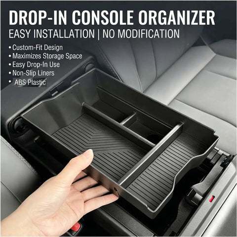 Tesla Cybertruck Lower Console Organizer Pro for 2024 2025 2026 Models, snug armrest tray mount, ABS plastic construction shown in center console.