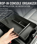 Hardcore Custom Console Organizer For Tesla Cybertruck Center Side Storage Tray Fits 2024 And 2025 Models, showing ABS plastic design and non-slip feature.
