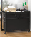 No Fuss Roll Around Trash Cart, 51.5 Gallon Commercial Waste Bin With Twin Lockable Wheels, filled with paper and trash bags.