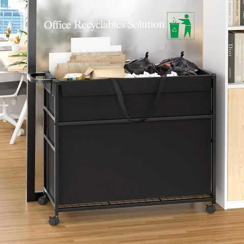 No Fuss Roll Around Trash Cart, 51.5 Gallon Commercial Waste Bin With Twin Lockable Wheels, filled with paper and trash bags.