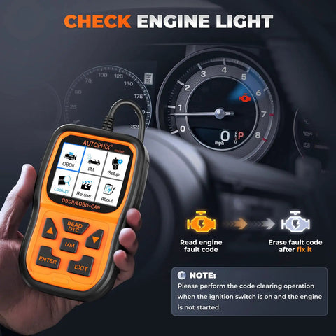 Hand holding OM126P OBD2 Scanner For Cars After 1996 Read And Clear Engine Fault Codes With Live Data Smog Check Ready Diagnostic Tool