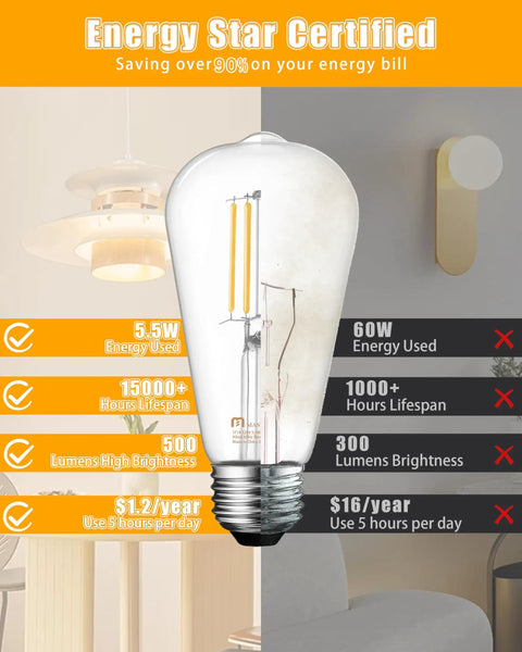 10 Pack Vintage Edison Style LED Bulbs E26 5.5W Equivalent To 60W Dimmable Soft White 2700K Clear Glass ST19 Antique Filament Look