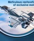 Aerial view of Realistic Fighter Jet Build Kit With 577 Pieces For Hands On Play Foldable Wings Dual Engines Clear Cockpit.