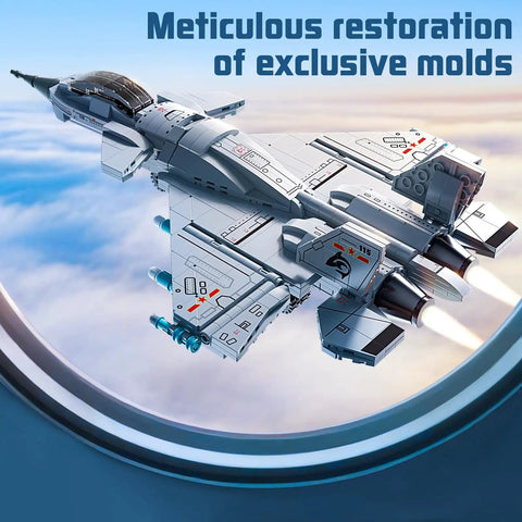 Aerial view of Realistic Fighter Jet Build Kit With 577 Pieces For Hands On Play Foldable Wings Dual Engines Clear Cockpit.