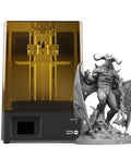 Sonic Mighty 4K Resin 3D Printer with Monochrome 9.3 Inch LCD beside a detailed miniature figure, front view.