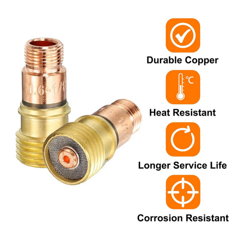 Gas Lens Collet Body 17GL116 One Sixteenth Inch TIG Welding Torch Consumables Kit, copper and brass construction, WP17 WP18 WP26 series