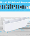 No Drill Remote Holder For 5 Or 6 Remotes, Easy Adhesive Wall Mount, Premium White Organizer shown with size dimensions.