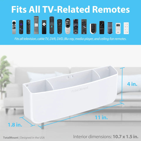 No Drill Remote Holder For 5 Or 6 Remotes, Easy Adhesive Wall Mount, Premium White Organizer shown with size dimensions.