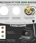 Heavy Duty Button Cutter For 25mm Badges And 35mm Rounds, showing dimensions and precision fit for badge making