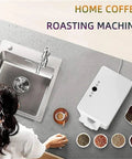 Top Shelf Home Coffee Bean And Peanut Roaster With Auto Rolling Drum on kitchen countertop beside coffee and peanuts.