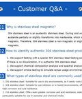 Customer Q&A on stainless steel magnetic properties and identification methods for 304 stainless steel products.