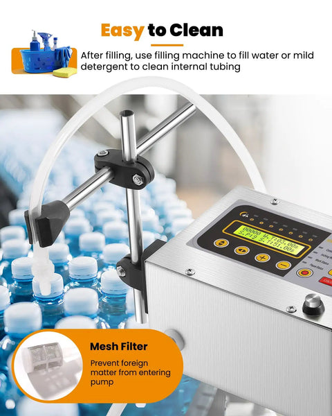 2-118 Oz Liquid Filler Machine With Anti Drip Nozzle Diaphragm Pump And Digital Control shown in use with water bottles