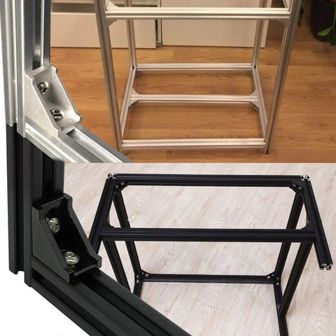 Shop Floor Ready Aluminum Extrusion Corner Brackets 90 Degree Angle Connectors Heavy Beef Frame Clamps for 3D Printers CNC Routers and Garage Projects Rust Proof Build Gear in black and silver.