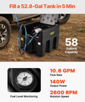 Portable Diesel Tank Built Tough, 58 Gallon Capacity With 12V Electric Transfer Pump, black tank on site with truck