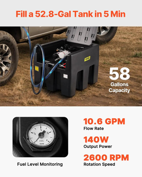 Portable Diesel Tank Built Tough, 58 Gallon Capacity With 12V Electric Transfer Pump, black tank on site with truck