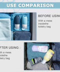 Comparison of luggage with and without silicone bottle covers for leak prevention; Silicone Bottle Covers Travel Set Must Have Elastic Leak Proof Sleeves For Toiletries And Lotions Ideal For Cruise Ship Luggage And Weekend Getaways For Women And Men Reusable Travel Size Containers To Prevent Leaks And Spills