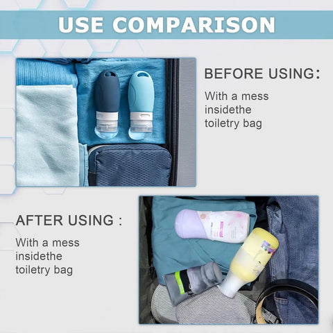 Comparison of luggage with and without silicone bottle covers for leak prevention; Silicone Bottle Covers Travel Set Must Have Elastic Leak Proof Sleeves For Toiletries And Lotions Ideal For Cruise Ship Luggage And Weekend Getaways For Women And Men Reusable Travel Size Containers To Prevent Leaks And Spills