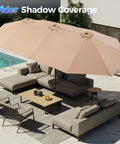 13Ft Outdoor Patio Umbrella With Double Sided Fade Resistant Canopy Beige Shade Over Outdoor Furniture on Patio