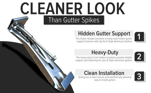 Gutter Hangers 5 Inch With PreInserted Rust Resistant Screw Heavy Duty Rain Gutter Brackets Fastener Clip For 5 Inch K Style Aluminum Gutters Easily Fix Sagging Gutters Ten Pack displayed with feature highlights