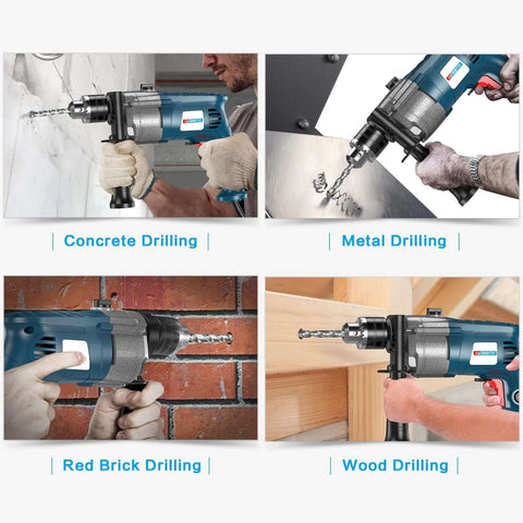 10-piece SDS Plus drill bit set with carbide tips for concrete, brick, tile, metal, and wood; diameters 3/16–1/2 in.