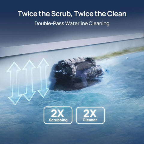 AquaSense 2 Cordless Robotic Pool Vacuum Cleaner With Auto Surface Parking performing dual-pass waterline cleaning.
