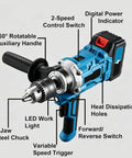Tough As Nails Two In One Cordless Drill And Cement Mixing Tool With Two Speed Torque Control One Eighty Degree Rotatable Chuck Led Work Light Blue Battery Powered Design showing features including steel chuck and variable speed trigger.