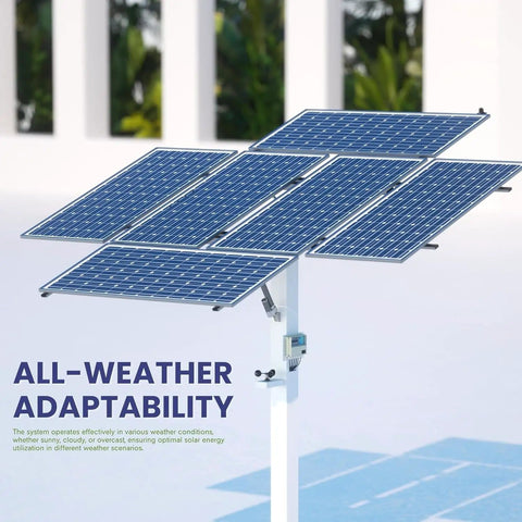 Dual Axis Solar Tracker Controller Kit With Auto Sun Tracking Wind Sensor LCD Display And Remote shown in outdoor setup