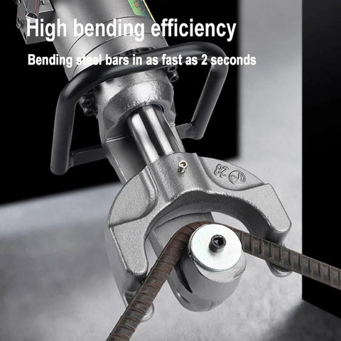 Close-up of Heavy Duty Electric Rebar Bender Machine for Steel Bars bending a steel rod with hydraulic grip.