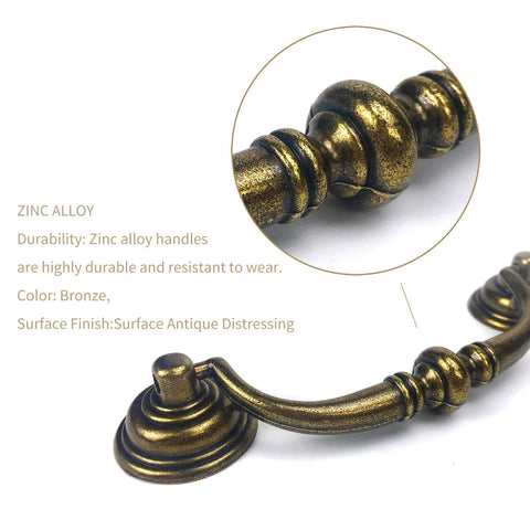 Close-up of Antique Brass Drop Bail Pulls Set Of 4 With 4-1/4 Inch Center To Center Spacing, showing zinc alloy detail and bronze finish.