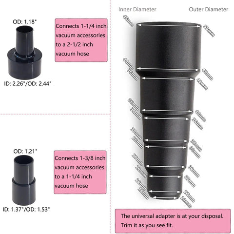 All-In-One 11-Piece Shop Vac Attachment Kit with hose adapters and reducing connectors dimensions for wet dry vacuums.