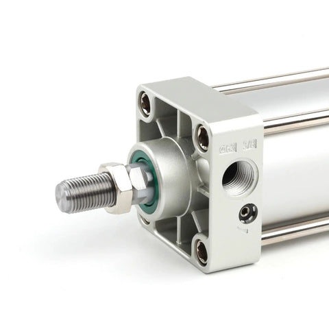Close-up of Standard Pneumatic Air Cylinder 63 mm Bore 200 mm Stroke Double Acting With NPT Three Eighth Port Aluminum Body