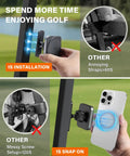 Upgraded Magnetic Golf Cart Phone Holder With 20x N55 Magnets being quickly attached to a cart frame and MagSafe iPhone 12 to 17.