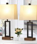 Set Of 2 Modern Bedside Lamps With USB Ports And AC Outlet 23.5 Inch Tall Wood Base With Linen Shade Double Pack