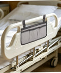 Bed Rail Organizer With Four Pockets And Cup Holder, Hanging Bedside Storage Caddy in Gray Fabric on hospital bed rail
