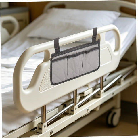 Bed Rail Organizer With Four Pockets And Cup Holder, Hanging Bedside Storage Caddy in Gray Fabric on hospital bed rail