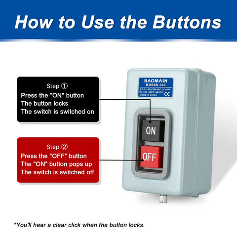 Diagram showing steps to operate Self-Locking 3-Phase Push Button Switch 30A 380V AC, ON and OFF buttons on metal case switch.