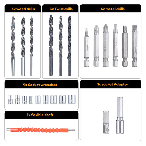 Drill bits and accessories from 21V Max Cordless Drill Kit with Three Eighths Inch Metal Chuck, includes 24 piece set.