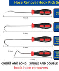 Four-piece hose removal tool set with 10-inch hooked picks and an 8-inch single-hook remover; black and red tool handles for radiator hoses.