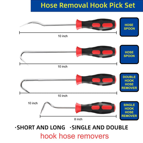 Four-piece hose removal tool set with 10-inch hooked picks and an 8-inch single-hook remover; black and red tool handles for radiator hoses.