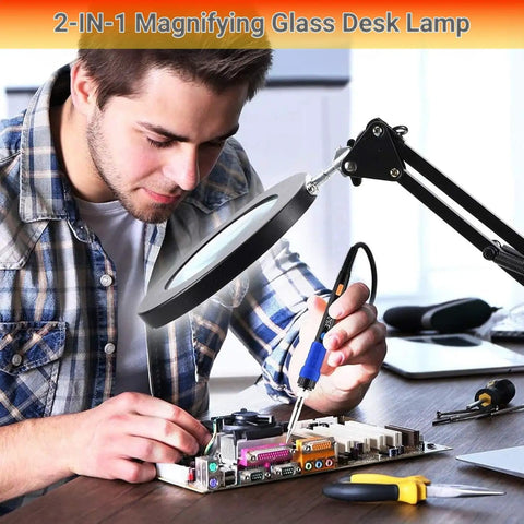 Man using Real Glass Magnifier With Light And 15X Magnification while repairing electronics, showing pro grade 72 LED illumination.